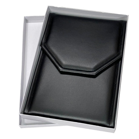 Black leatherette necklace folder with white satin interior for jewelry presentation (large)