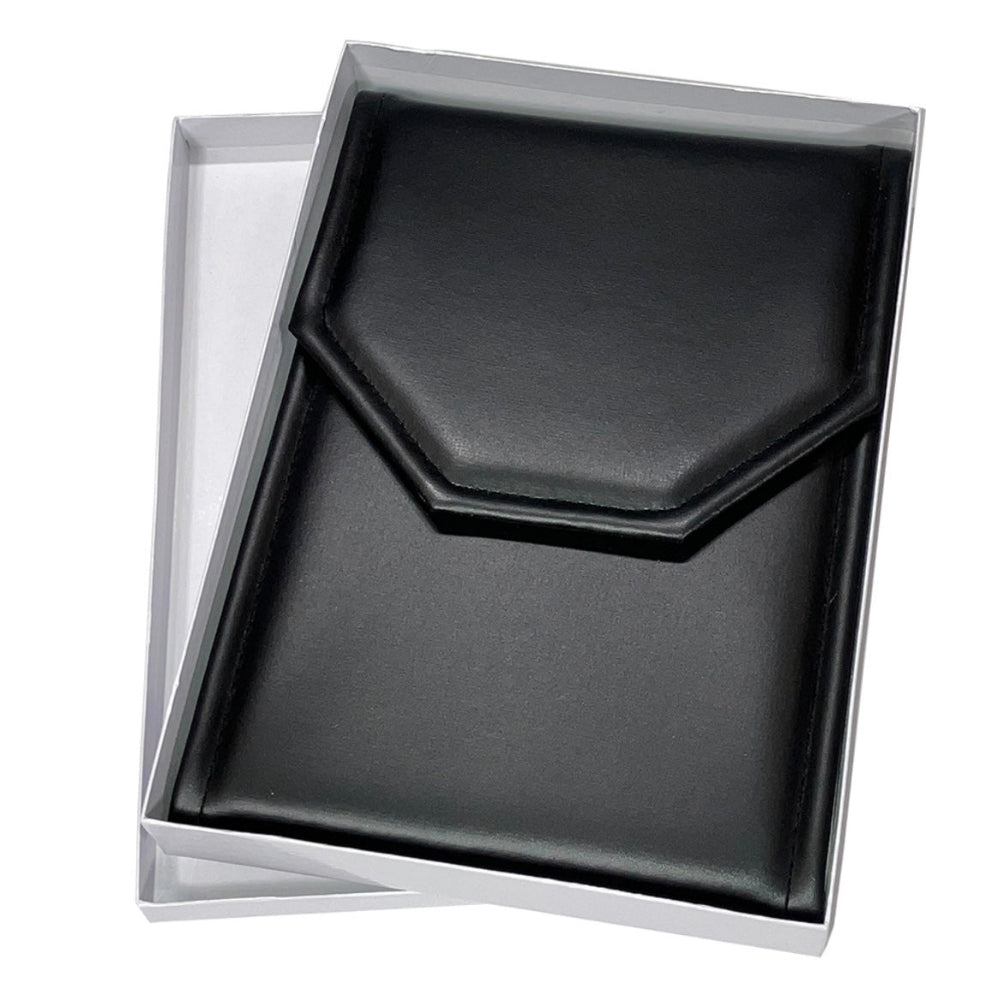 Black leatherette necklace folder with white satin interior for jewelry presentation (large)
