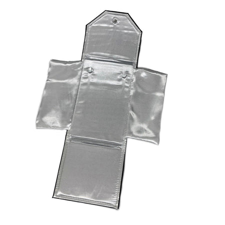 open black leatherette necklace folder showing soft white satin interior for necklaces